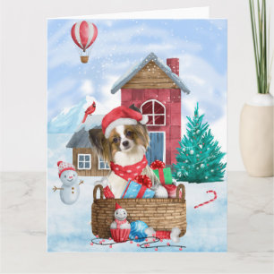 Papillon Hund I snö Jul Hund Hus Kort