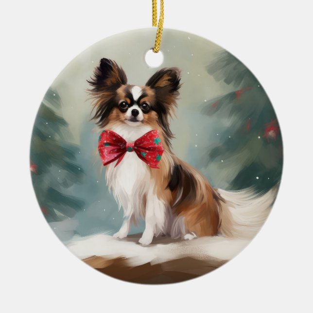 Papillon Hund i Snö-jul Julgransprydnad Keramik (Framsidan)
