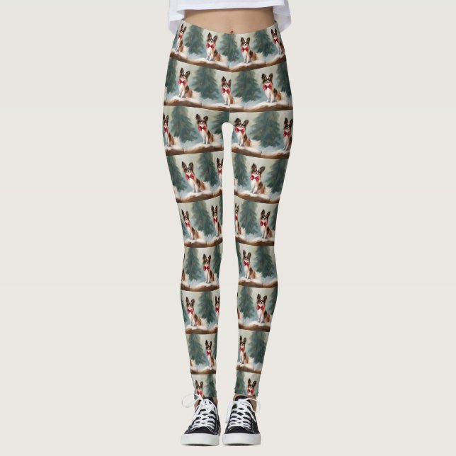 Papillon Hund i Snö-jul Leggings (Framsida)