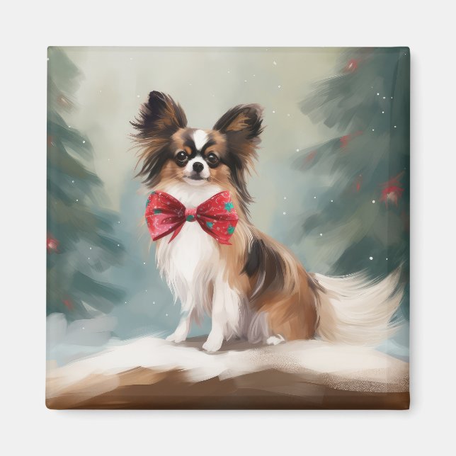 Papillon Hund i Snö-jul Magnet (Framsidan)