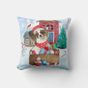 Papillon Hund I snö julhus Hund Kudde