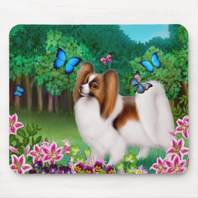 Papillon hund i trädgårds- Mousepad Musmatta (Framsidan)