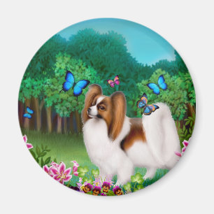 Papillon hund i trädgårds- rundamagnet magnet