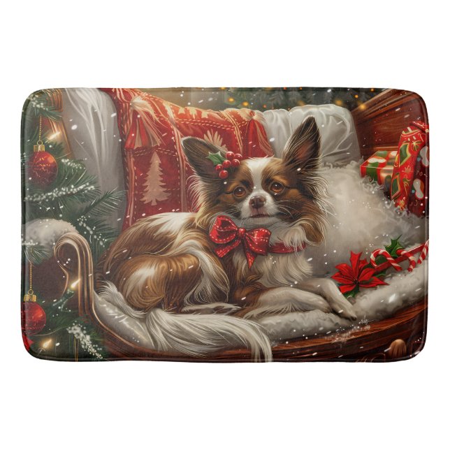 Papillon Hund Jul Festlig Badrumsmatta (Framsidan)