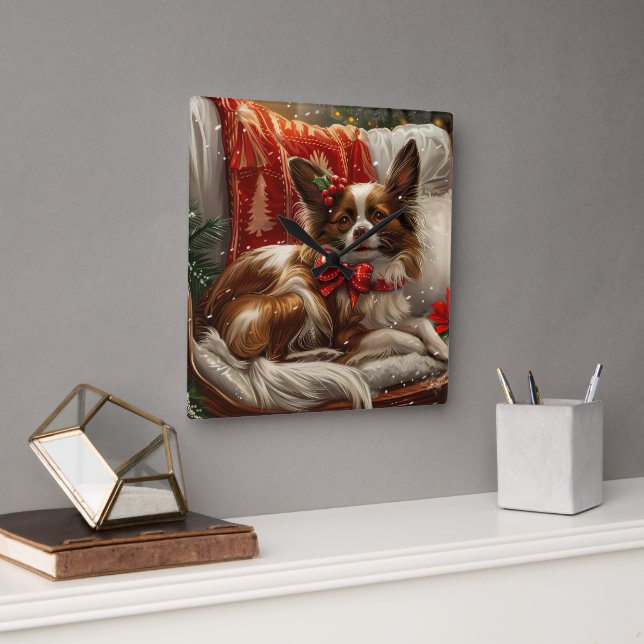 Papillon Hund Jul Festlig Fyrkantig Klocka (Kontor)