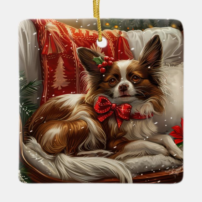 Papillon Hund Jul Festlig Julgransprydnad Keramik (Framsida)