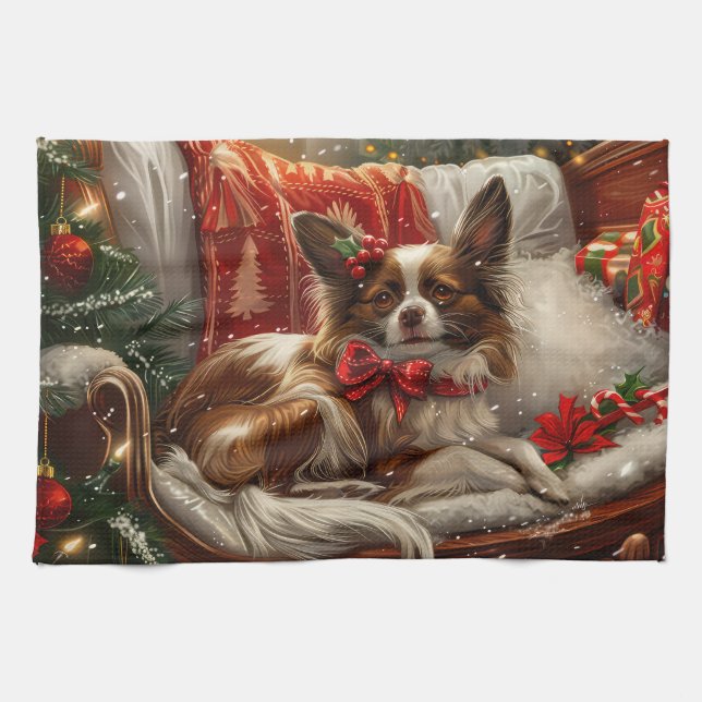 Papillon Hund Jul Festlig Kökshandduk (Horisontell)