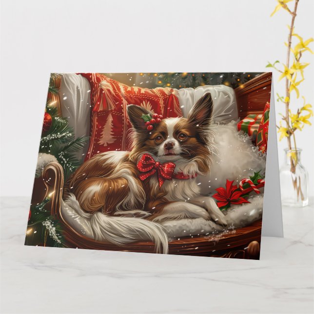 Papillon Hund Jul Festlig Kort (Gul blomma)