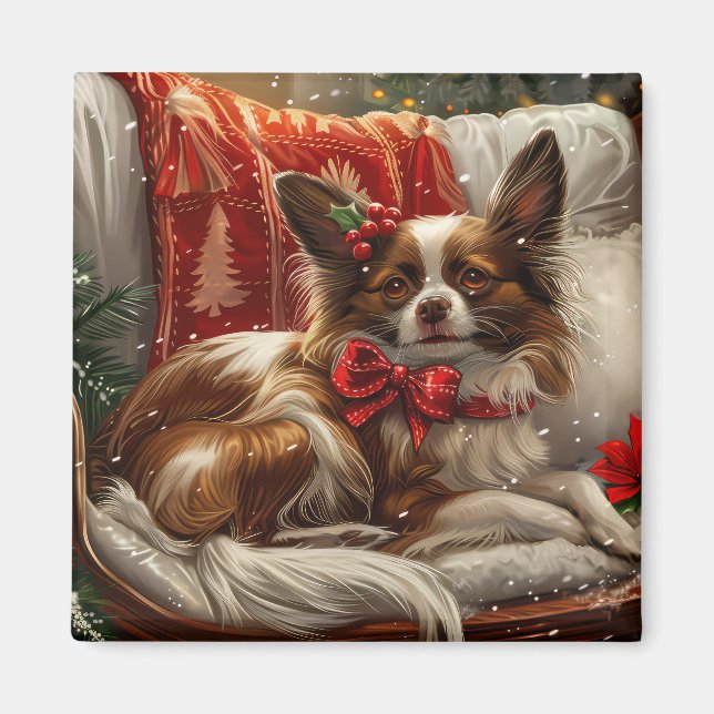 Papillon Hund Jul Festlig Magnet (Framsidan)
