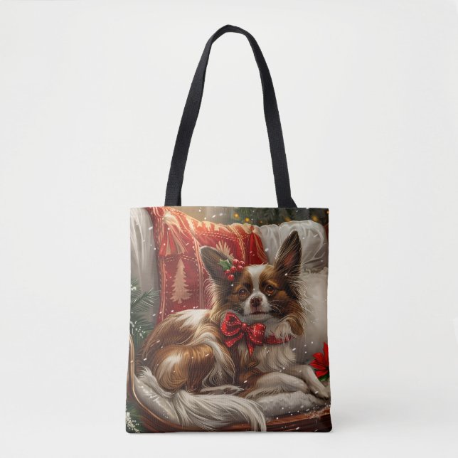 Papillon Hund Jul Festlig Tygkasse (Framsida)