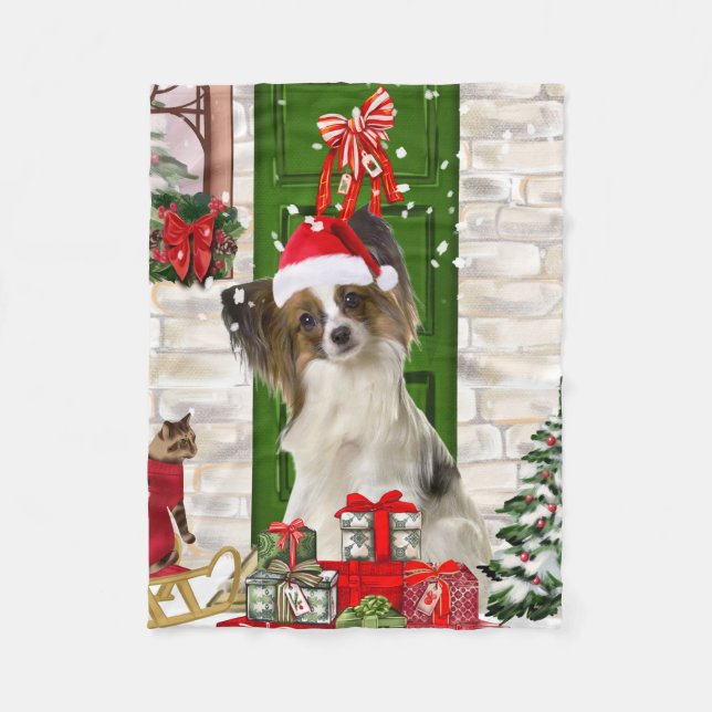 Papillon Hund jul Fleecefilt (Framsidan)