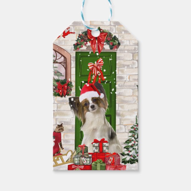 Papillon Hund jul Gift Märkre Presentetikett (Framsidan)