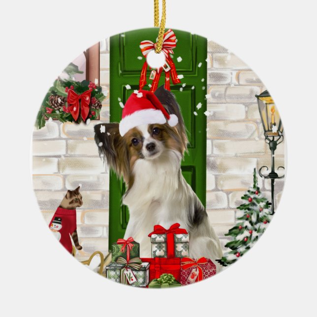 Papillon Hund jul Julgransprydnad Keramik (Framsidan)