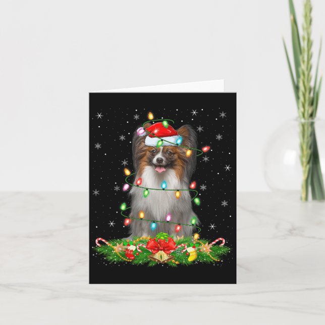 Papillon Hund jul Ljus Funny Santa Hat Julafton Kort (Framsida)
