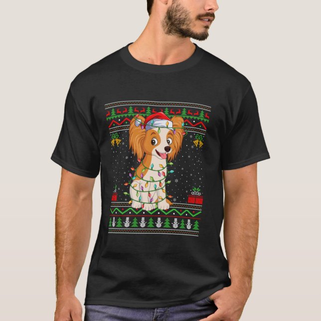 Papillon Hund jul Ljus Santa Ugly Sweater X T Shirt (Framsida)