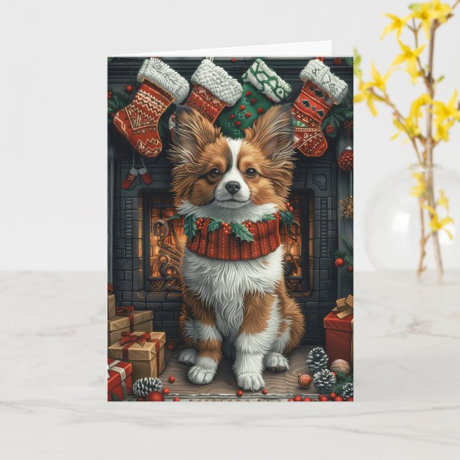 Papillon Hund med julklappar Kort (Gul blomma)