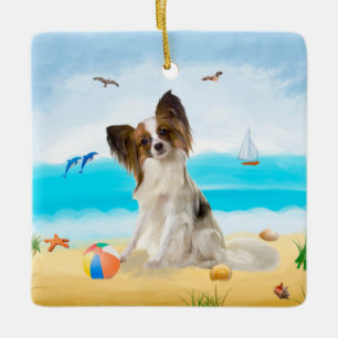 Papillon Hund på Beach Julgransprydnad Keramik