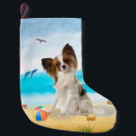 Papillon Hund på Beach Liten Julstrumpa<br><div class="desc">Cute hund på stranden är en perfekt presentidé för någon som kärlek i hund aveln.</div>