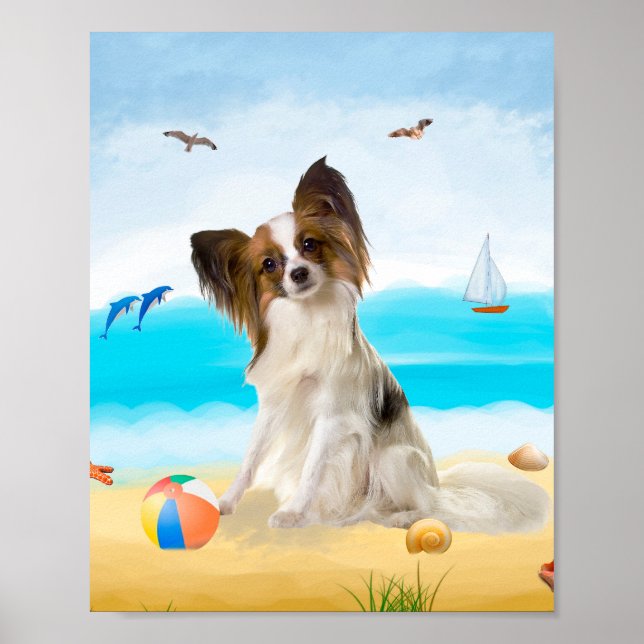 Papillon Hund på Beach Poster (Framsidan)