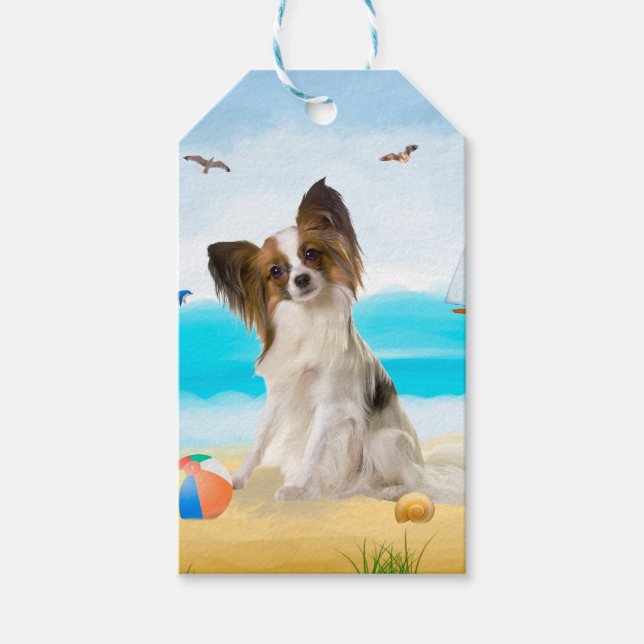 Papillon Hund på Beach Presentetikett (Framsidan)