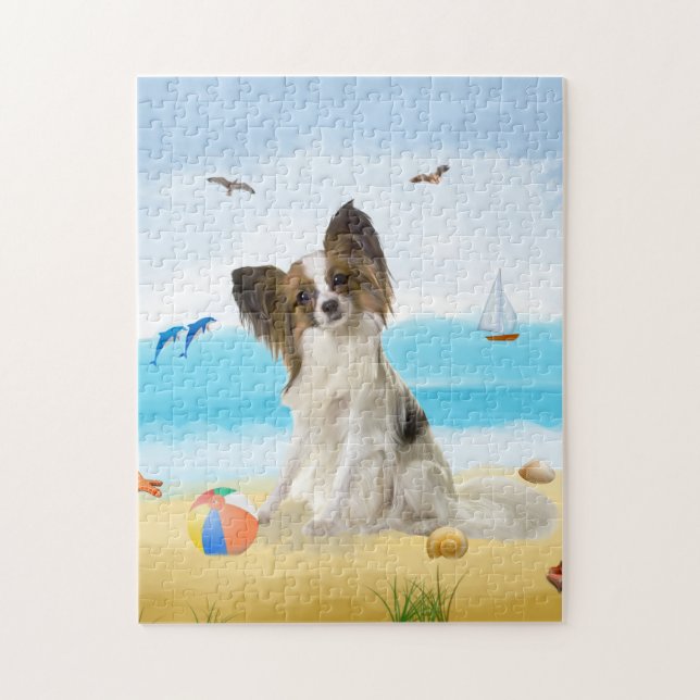 Papillon Hund på Beach Pussel (Vertikal)