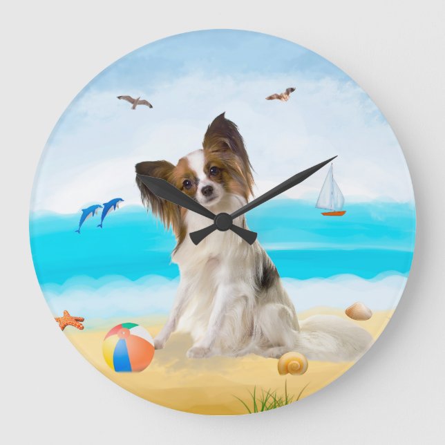 Papillon Hund på Beach Stor Klocka (Framsida)