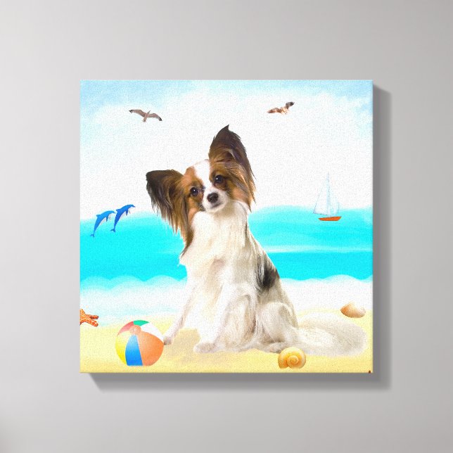 Papillon Hund på Strand Canvastryck (Framsida)