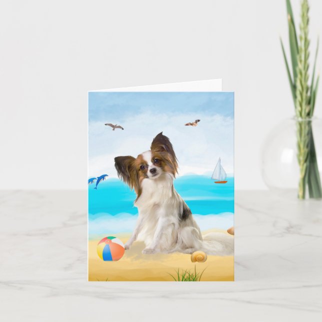 Papillon Hund på Strand Kort (Framsida)