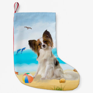 Papillon Hund på Strand Liten Julstrumpa