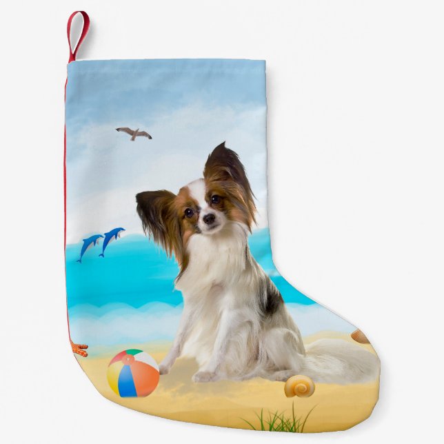 Papillon Hund på Strand Liten Julstrumpa (Framsidan)