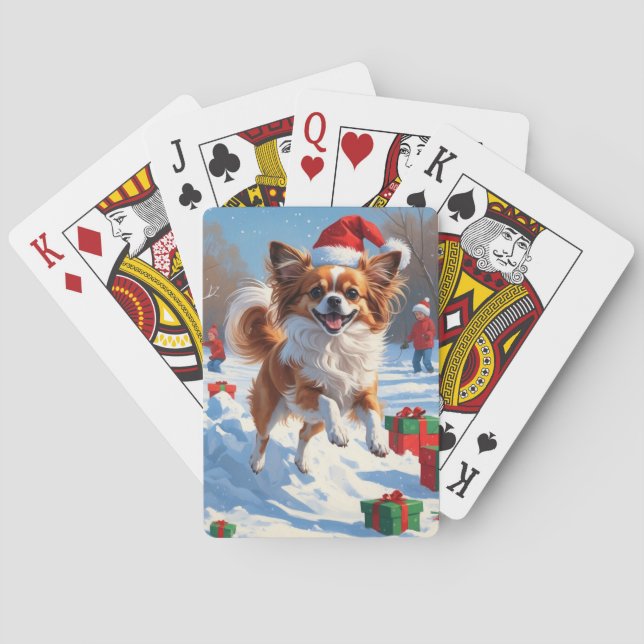 Papillon Hund Runin i Snö med julklapp Casinokort (Baksidan)