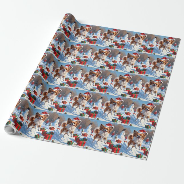 Papillon Hund Runin i Snö med julklapp Presentpapper (Utrullad)