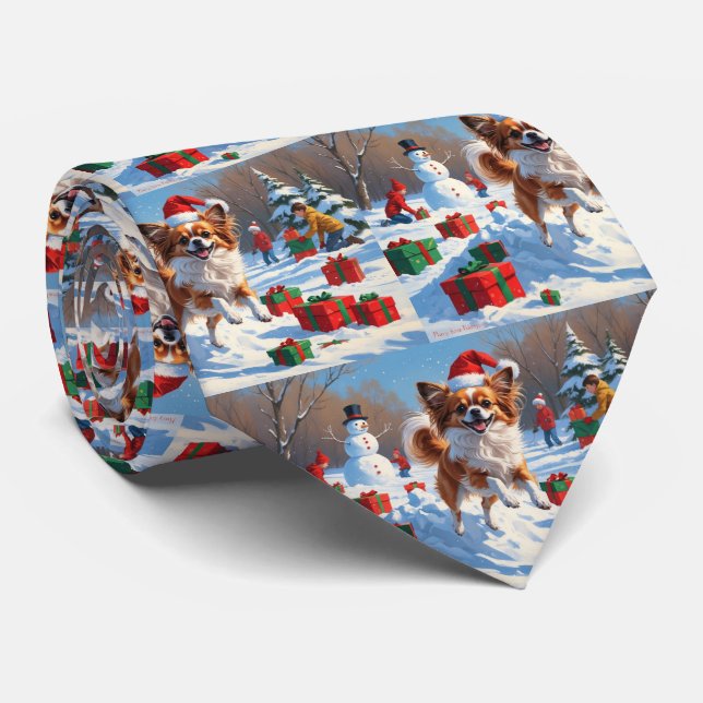 Papillon Hund Runin i Snö med julklapp Slips (Rullad)