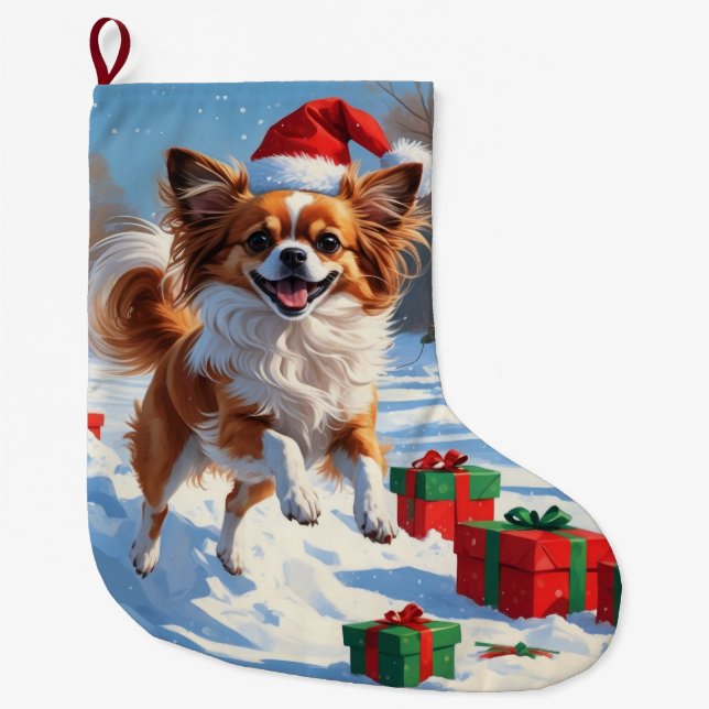 Papillon Hund Runin i Snö med julklapp Stor Julstrumpa (Framsidan)