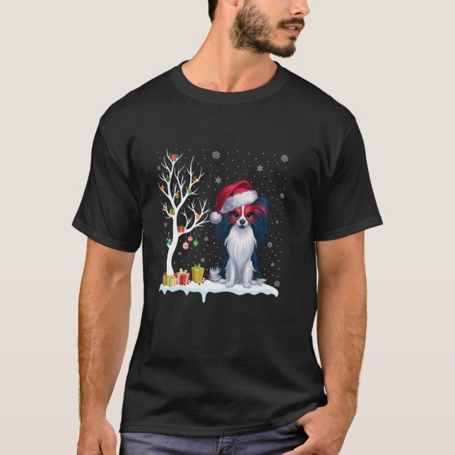 Papillon Hund Santa Hat Festive Träd Light Christm T Shirt (Framsida)