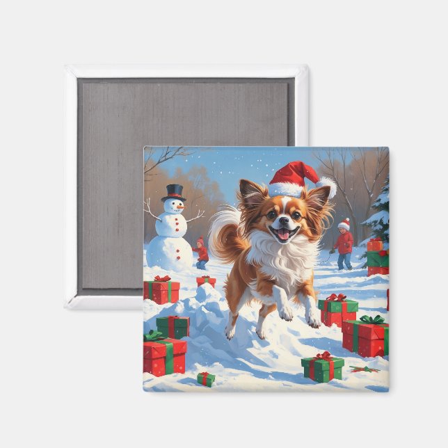 Papillon-hund springer i snö med julhatt magnet (Front/Back)