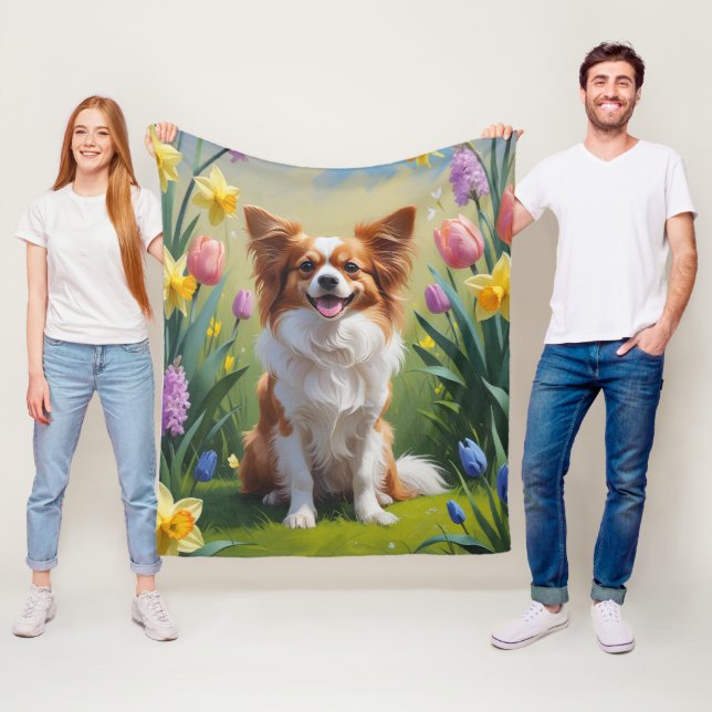 Papillon Hund Vårblommor Målning  Fleecefilt (På plats)