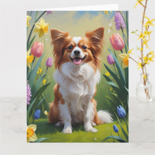 Papillon Hund Vårblommor Målning Kort