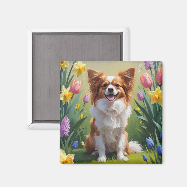Papillon Hund Vårblommor Målning  Magnet (Front/Back)