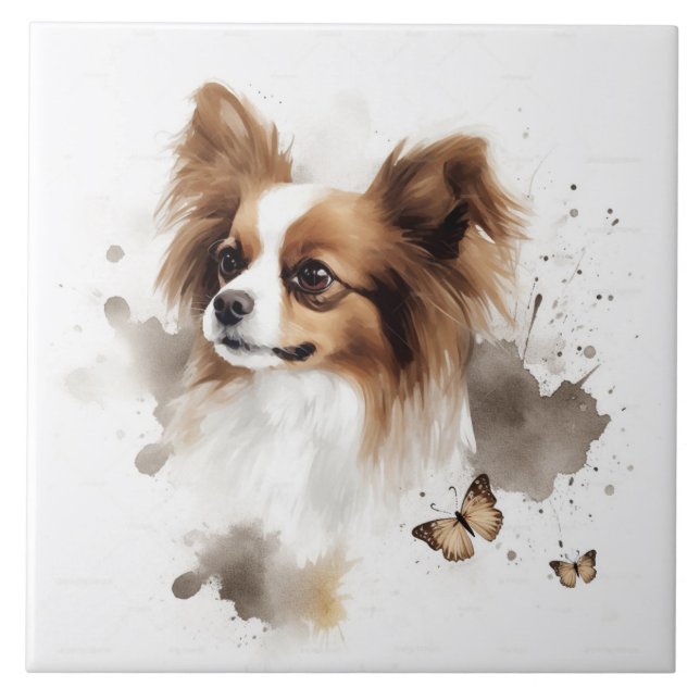 Papillon Hund Watercolor with butterflies Kakelplatta (Framsidan)