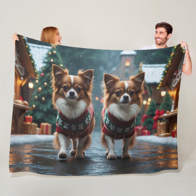 Papillon Hundar Jul Snö Högtid Fleecefilt (På plats)