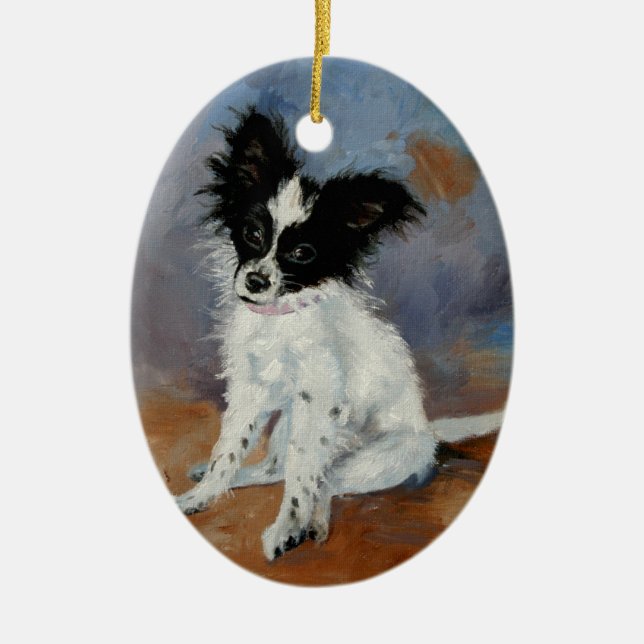 Papillon hundporträtt julgransprydnad keramik (Framsidan)