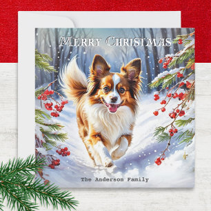 Papillon i snö Söt hundras Vinter Jul Julkort