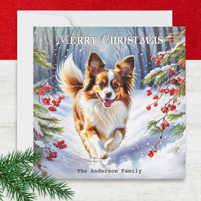 Papillon i snö Söt hundras Vinter Jul Julkort (A personalized Christmas card with picture of a Papillon dog in the snow, in a watercolor style)