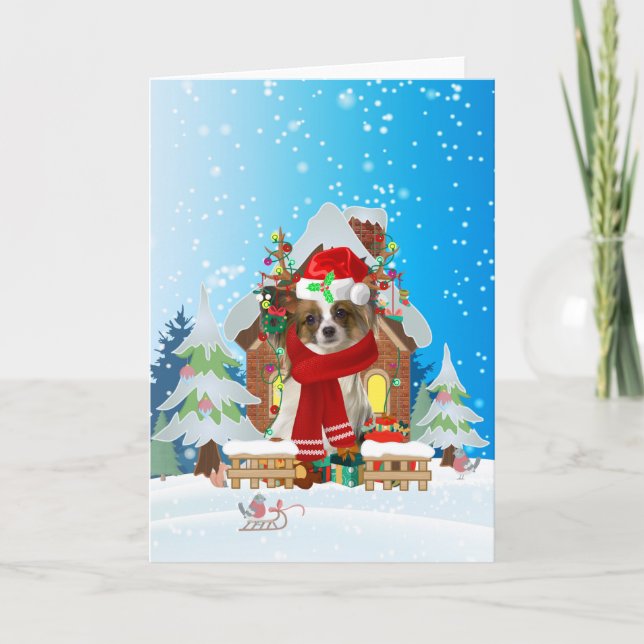  Papillon in snow with Christmas gifts  Kort (Framsida)