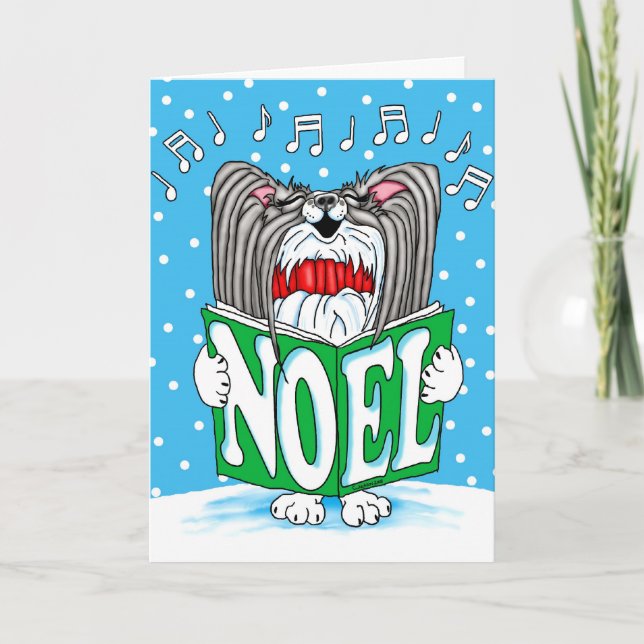 Papillon jul Caroler BW Helgkort (Framsida)