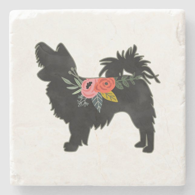 Papillon Leksak Hund aveln Boho Blommigt Silhouett Stenunderlägg (Framsidan)