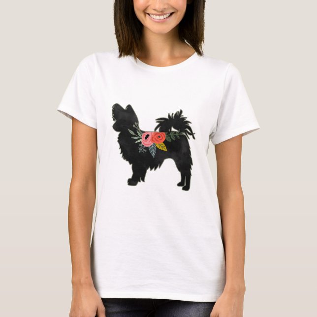 Papillon Leksak Hund aveln Boho Blommigt Silhouett T Shirt (Framsida)