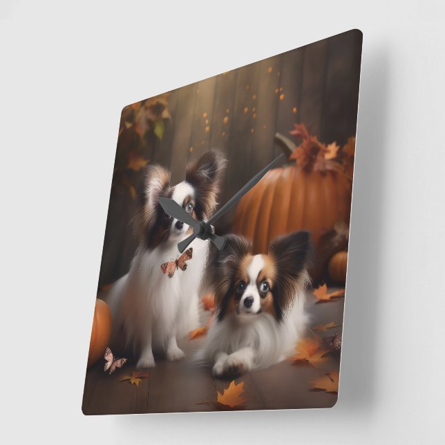 Papillon Puppy Autumn Delight Pumpkin Fyrkantig Klocka (Vinkel)