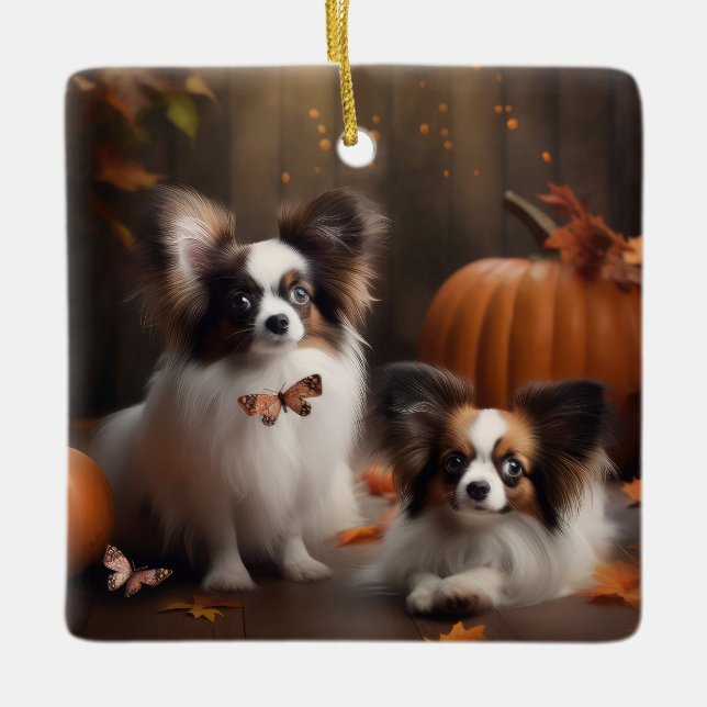 Papillon Puppy Autumn Delight Pumpkin Julgransprydnad Keramik (Framsida)